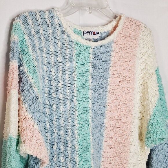Vintage Striped Popcorn Sweater L Pastel Blue Pink Green Dolman Sleeve Grannie - Picture 4 of 6